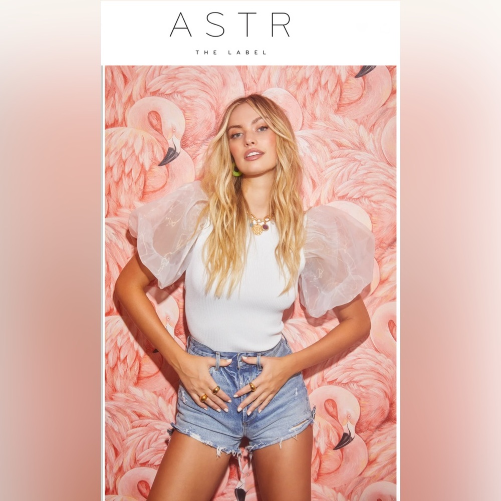 ASTR AVERY WHITE SHEER OVERSIZE Puff SLEEVE BACKLESS Tie Ribbed TOP S NWT SEXY